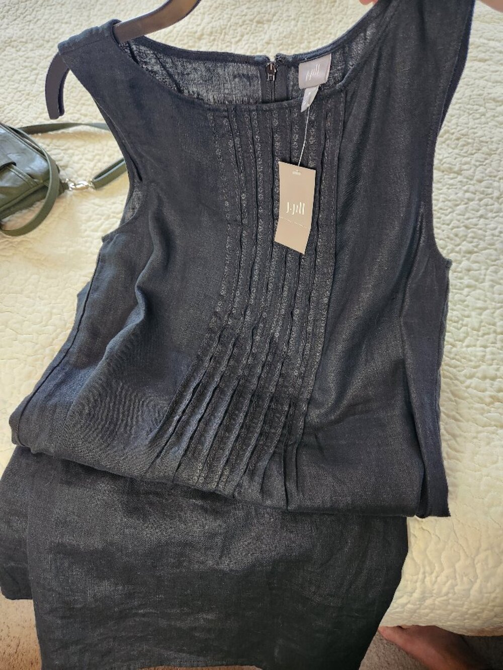 J Jill Sleeveless Black 100% Linen Dress Embroidered Pintucked front